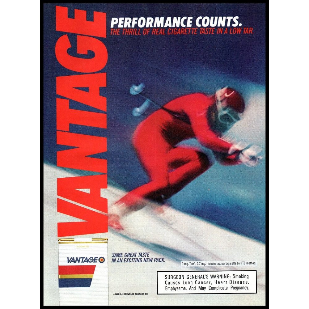 1987 Vantage Cigarettes Vintage Print Ad Downhill Skiing Skier Alpine Wall Art